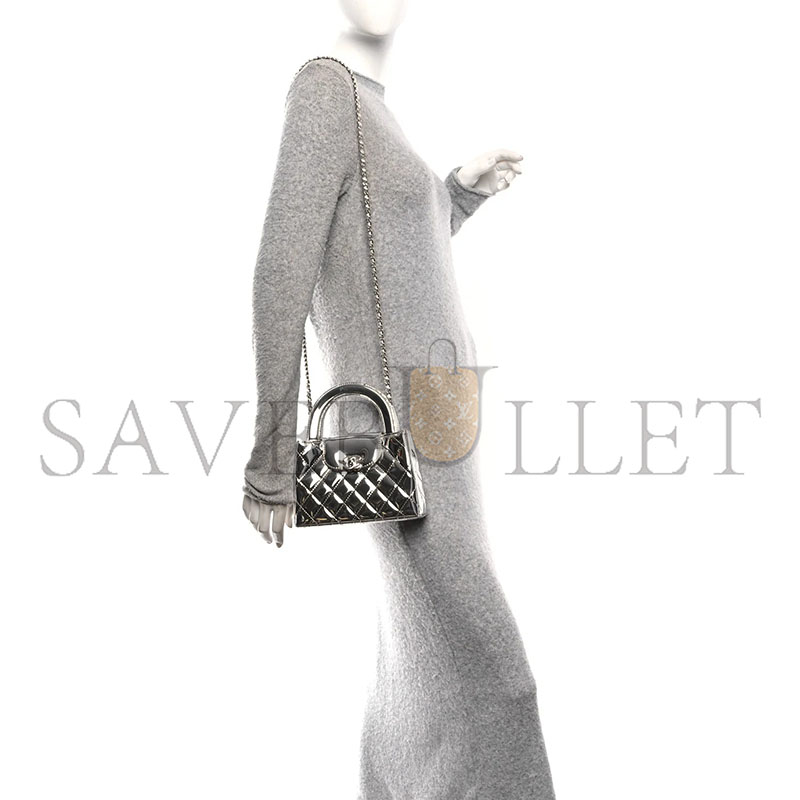 CHANEL MASTER MIRROR CALFSKIN METALLIC CALFSKIN QUILTED NANO KELLY SHOPPER SILVERY  (19*13*7cm) 